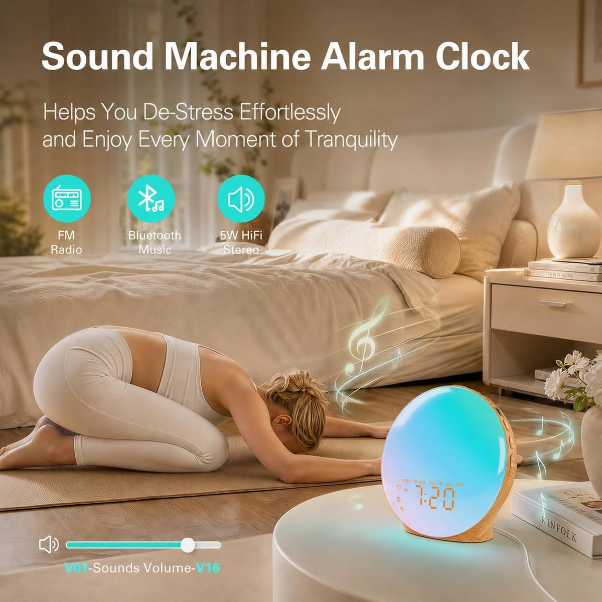 JALL Full Screen Dimmer Sunrise Alarm Clocks for Bedrooms, Wake Up Light with FM Radio, 25 White Noise Sleep Sounds, Bluetooth Speaker, Dual Alarms Bedside Clock for Heavy Sleepers
