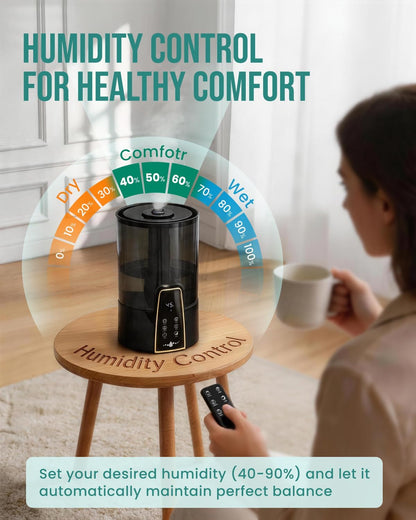 YOKEKON Humidifiers for Bedroom,1.06Gal(4L) Dishwasher Safe Design Easy to Clean,Top Fill,Night Light,Aroma Diffuser,Humidity Control,12H Timer,Sleep Mode,3 Level Mist,360° Nozzle,Home,Nursery,Black