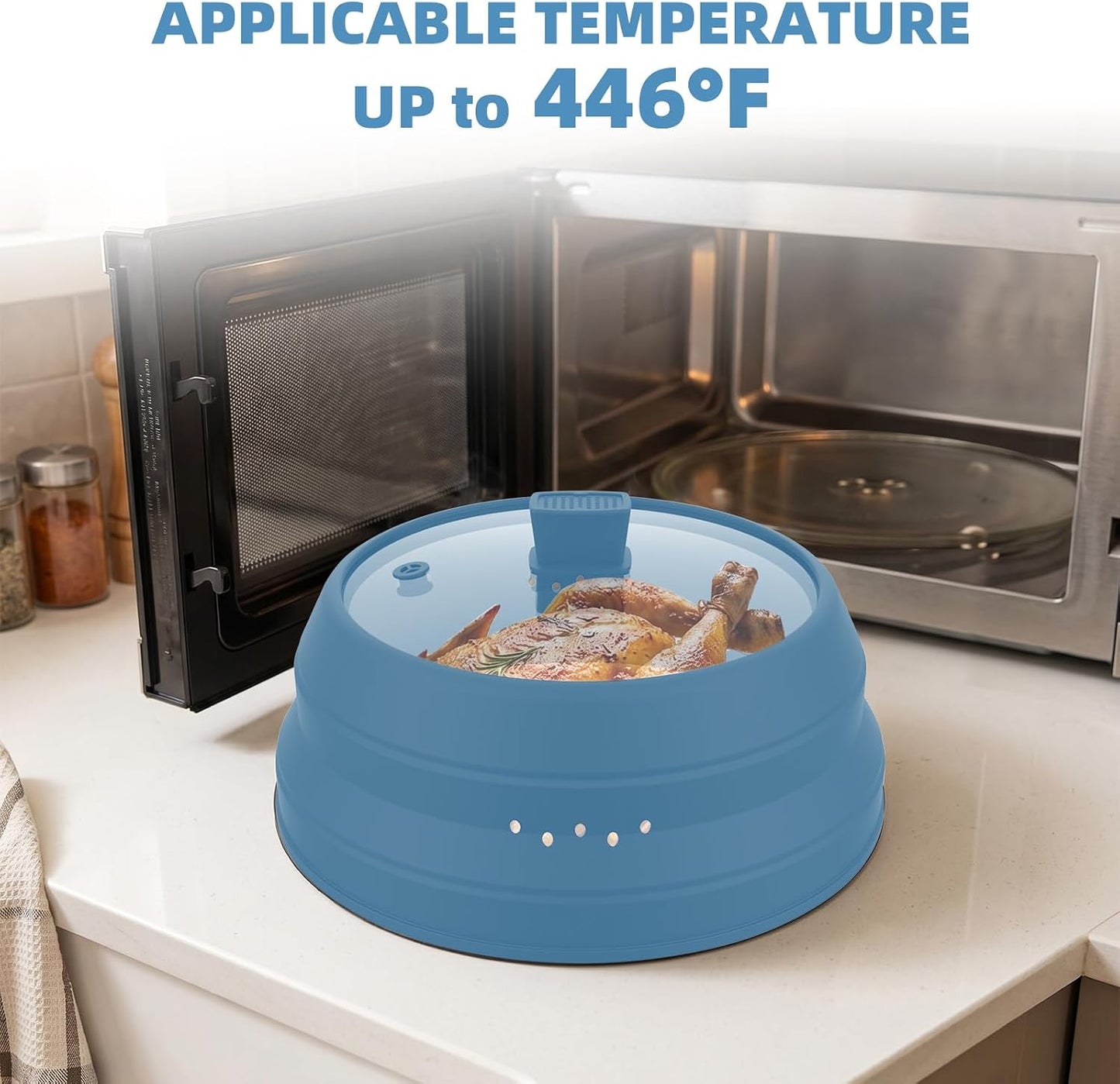 Microwave Splatter Cover Glass Guard Lid with Collapsible Silicone for Food Pot Plate Cover 9.8 inch Dark Blue
