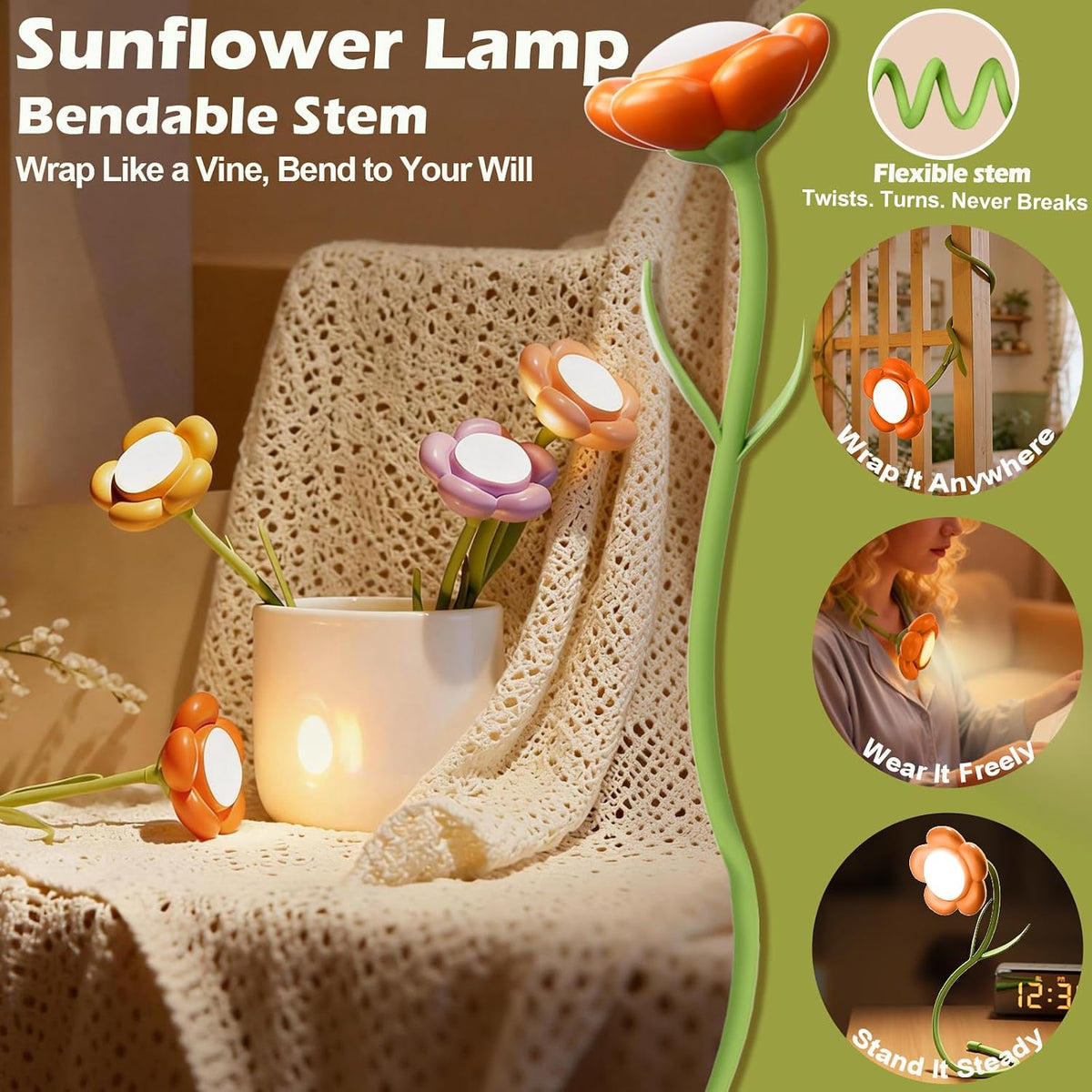 Rose Flower Lamp Rechargeable Reading Light for Bed,3-Color Modes Adjustable Brightness Small Night Light Neck Reading Light,Festival Gifts for Kids Mom Girlfriend Grandma(Orange-red)