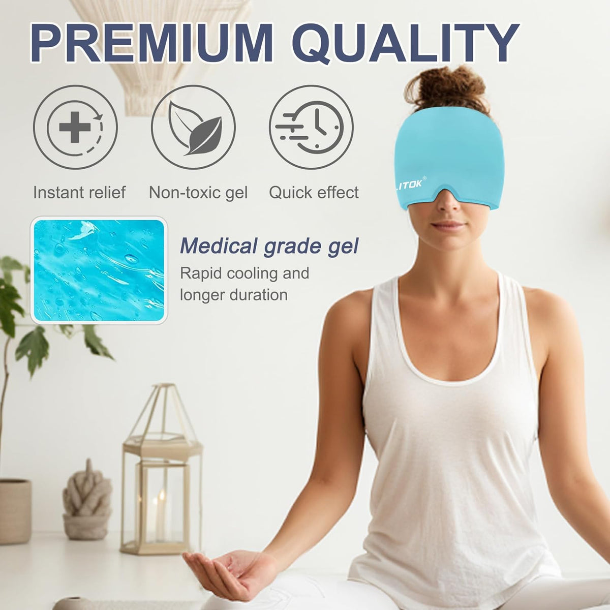 Migraine Headache Relief Cap, Gel Ice Head Wrap, Hot and Cold Therapy, Headache Eyes Mask for Sinus, Puffy Eyes, Tension and Stress Relief (Blue)