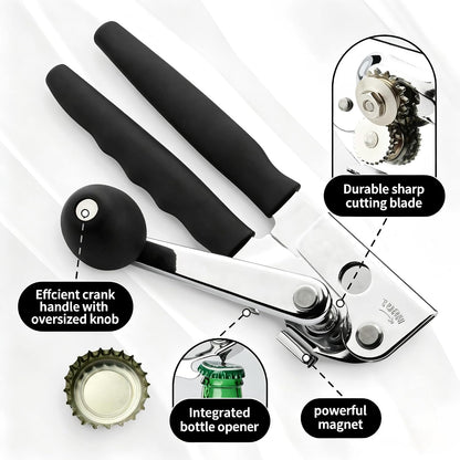 Heavy Duty Manual Can Opener - Smooth Edge Safety Cutting with Magnetic Lid Lifter, Ergonomic Non-Slip Handles, Built-in Bottle Opener, Stainless Steel Kitchen Tool