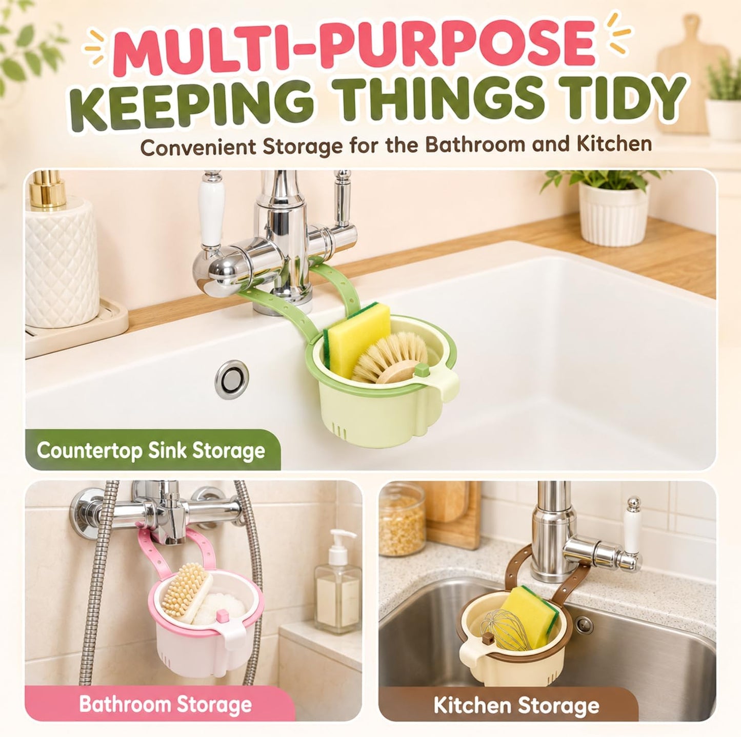 Sink Filter Basket, Kitchen Sink Strainer Basket with Self-Cleaning & One-Touch Press, Hanging Sink Drain Basket for Draining, Washing, Storage, 5.7x5.1x3.5 Inches (Green)
