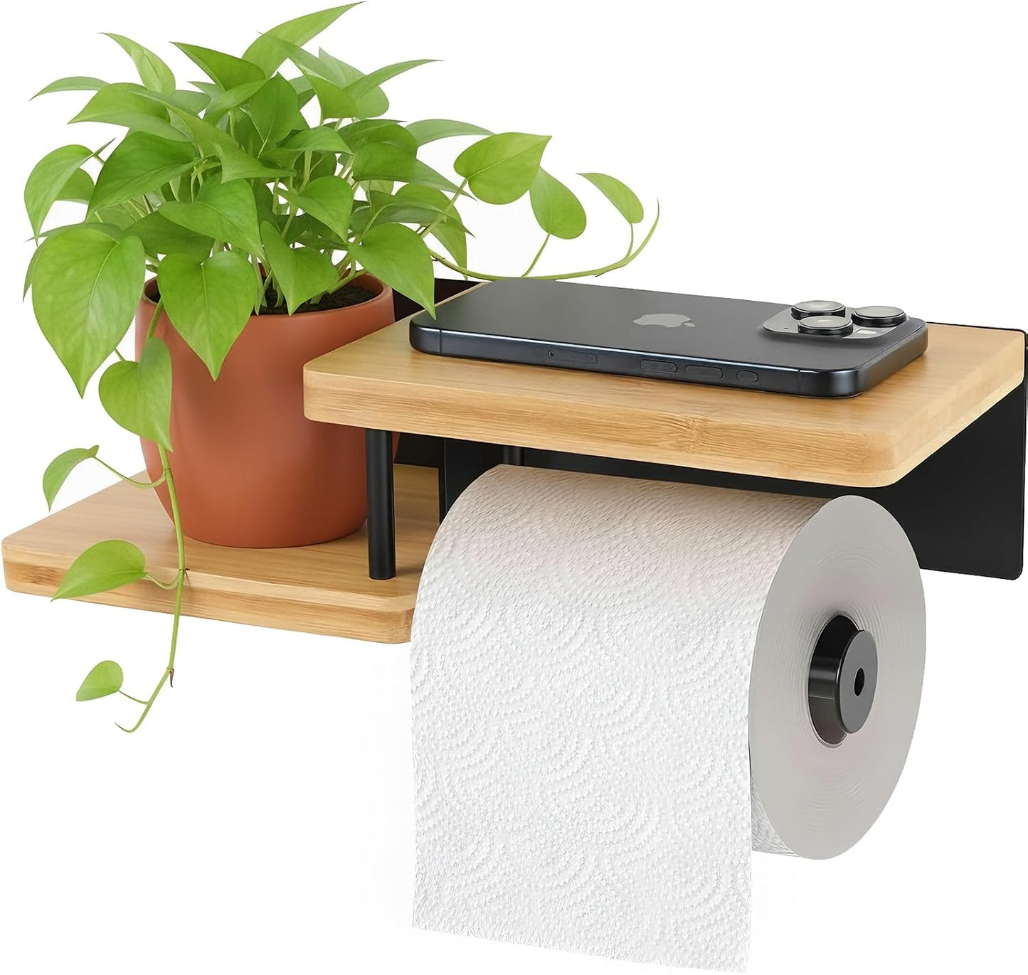 Toilet Paper Holder with Shelf, Wall Mount Toilet Paper Roll Holder with Wooden Shelf & Matte Black Stainless Steel Pipe, Bathroom Organizer for Roll Tissue, Phone, Wipes, Plant for Bathroom, Washroom