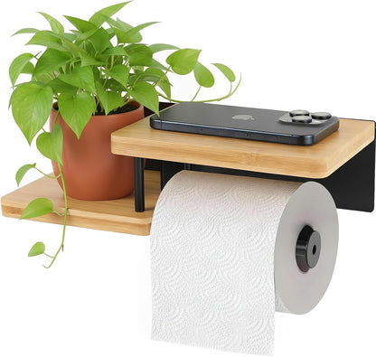 Toilet Paper Holder with Shelf, Wall Mount Toilet Paper Roll Holder with Wooden Shelf & Matte Black Stainless Steel Pipe, Bathroom Organizer for Roll Tissue, Phone, Wipes, Plant for Bathroom, Washroom