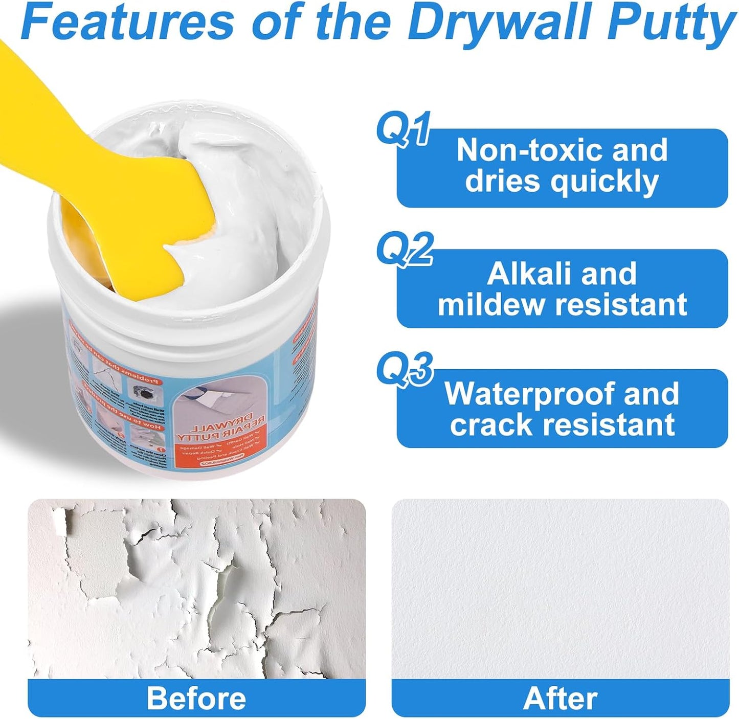 Drywall Repair Kit, Drywall Patch Repair Kit with 8.8OZ White Wall Repair Putty, Scraper Sandpapers Gloves for Heavy Duty Plaster Wall Repair, Easy to Fill Holes in Home Wall & Quick Repair Crack