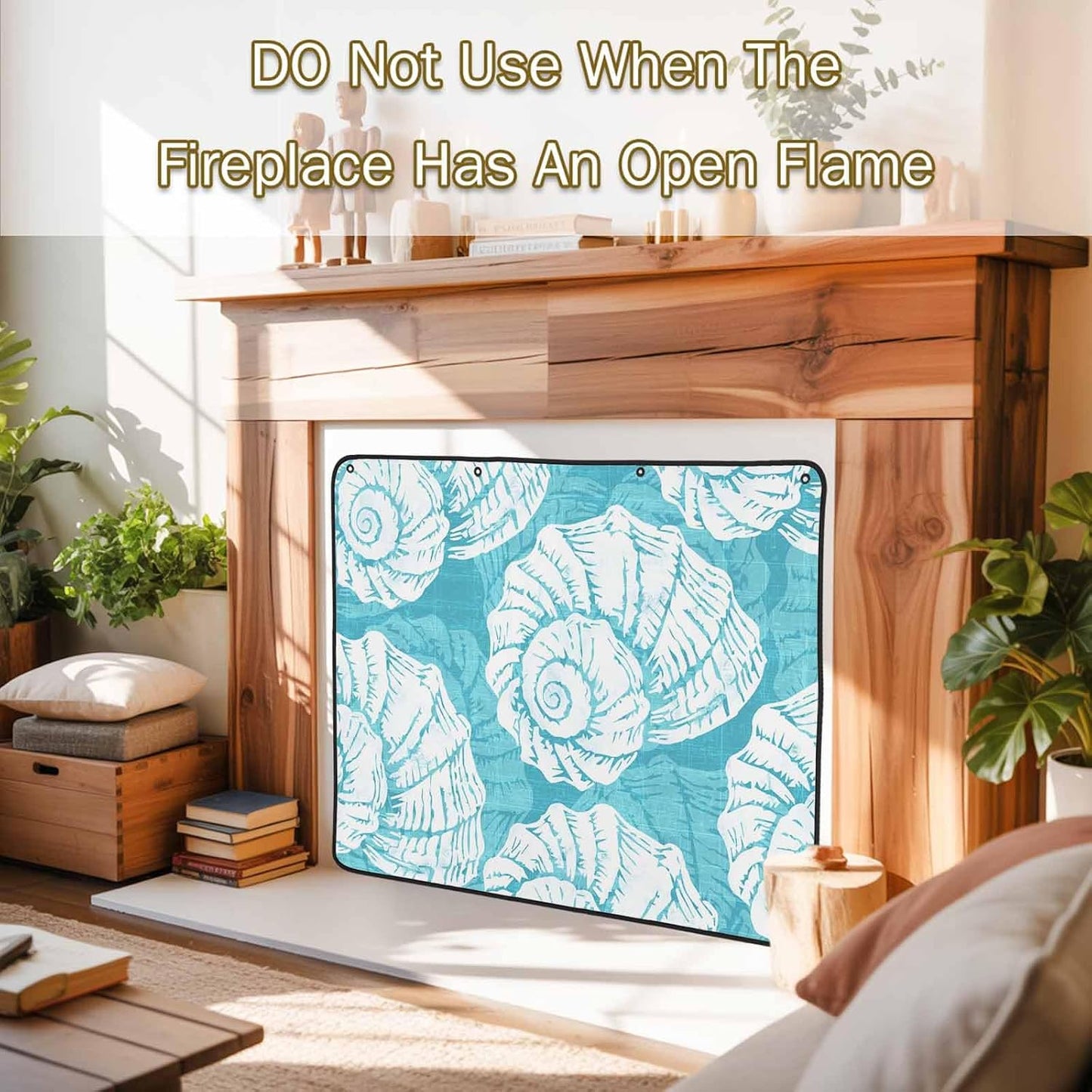 Magnetic Fireplace Cover Navy Blue Coastal Shells Fireplace Screen Decorative Ocean Conch Marine Life Insulation Fireplace Blocker Save Energy Fireplace Draft Stopper Covers for Living Room 36x30 Inch