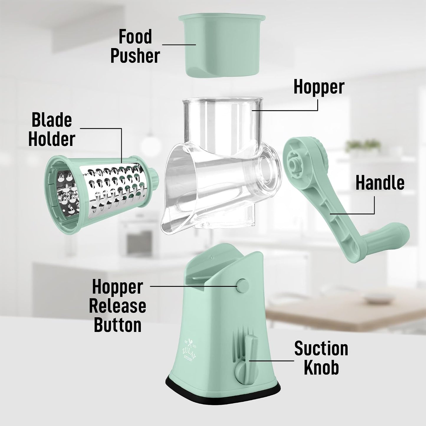 Zulay Kitchen Rotary Cheese Grater 5 Blade Cheese Shredder - Manual Hand Crank Cheese Grater With Reinforced Suction & 5 Interchangeable Drums - Easy to Use, Vegetable Chopper Round Mandoline Slicer - Colors A