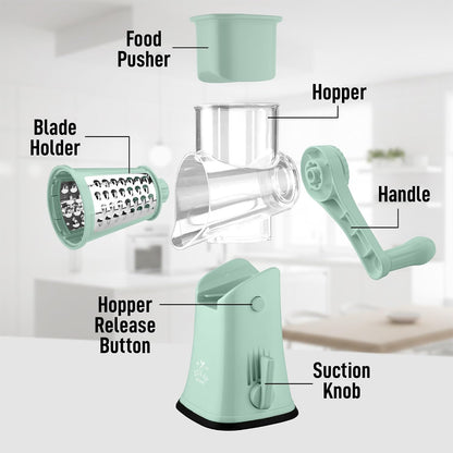 Zulay Kitchen Rotary Cheese Grater 5 Blade Cheese Shredder - Manual Hand Crank Cheese Grater With Reinforced Suction & 5 Interchangeable Drums - Easy to Use, Vegetable Chopper Round Mandoline Slicer - Colors A