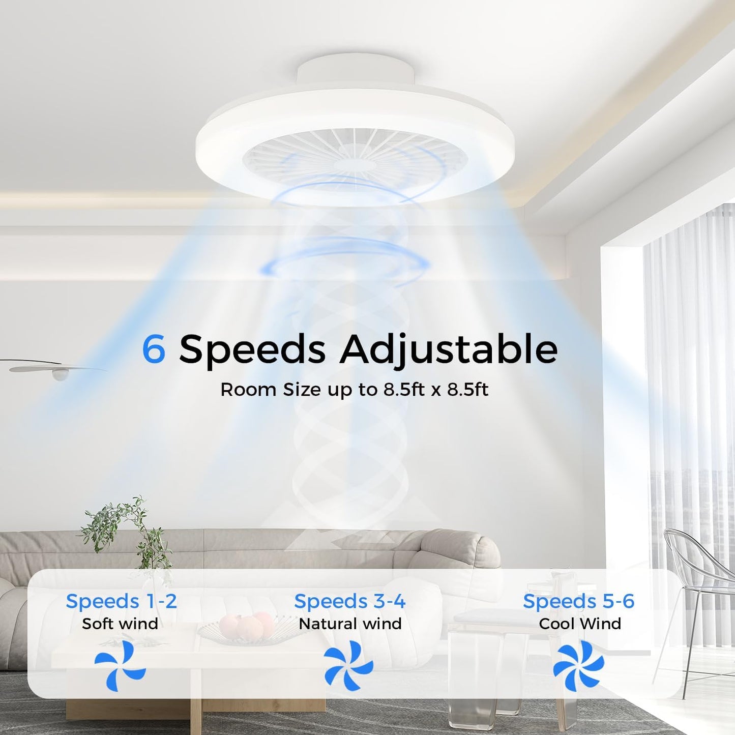 18.9" RGB Flush Mount Ceiling Fan with Light, 6 Speeds 3 Colors | Indoor Ceiling Fan · RGB+3CCT Dimmable · App/Remote Control · Quiet DC · 6-Speed Reversible · Flush Mount 18.9" · Kids Room