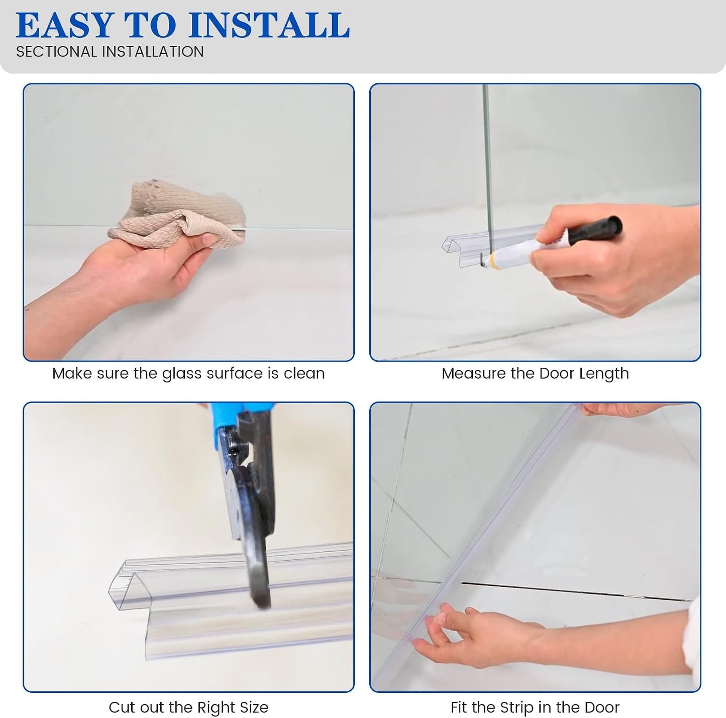 Bathroom Shower Glass Door Bottom Seal Strips, Length 36 Inch 2PCS Transparent PVC Door Bottom Seall Strips for 3/8" (10MM) Thick Framless Glass Panel