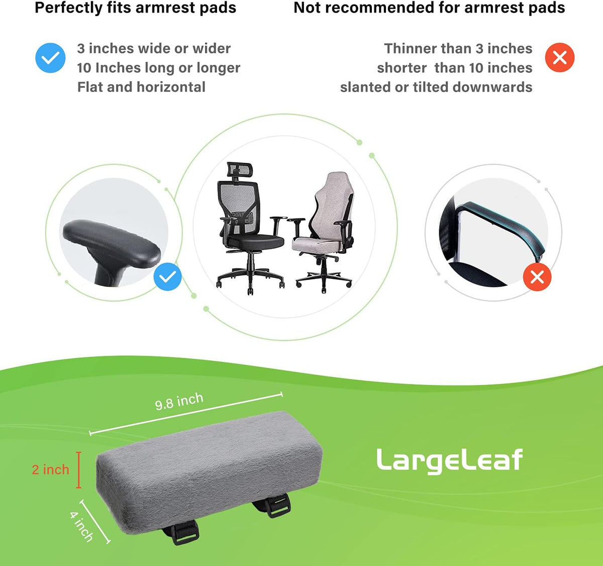 LargeLeaf Chair Armrest Cooling Gel Cushions Elbow Pillow Pressure Relief Office Chair Gaming Chair armrest with Memory Foam armrest Pads 2-Piece Set of Chair