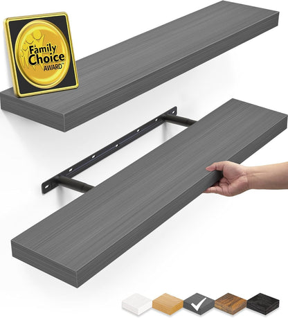 BAYKA Rustic Brown Floating Shelves 22.5in, Set of 2, Wall Mount Wood Shelf | Easy Install, 22lbs Max Load, Hidden Bracket, for Bathroom Bedroom Living Room or Kitchen, Hanging Shelf Book Decor Storage