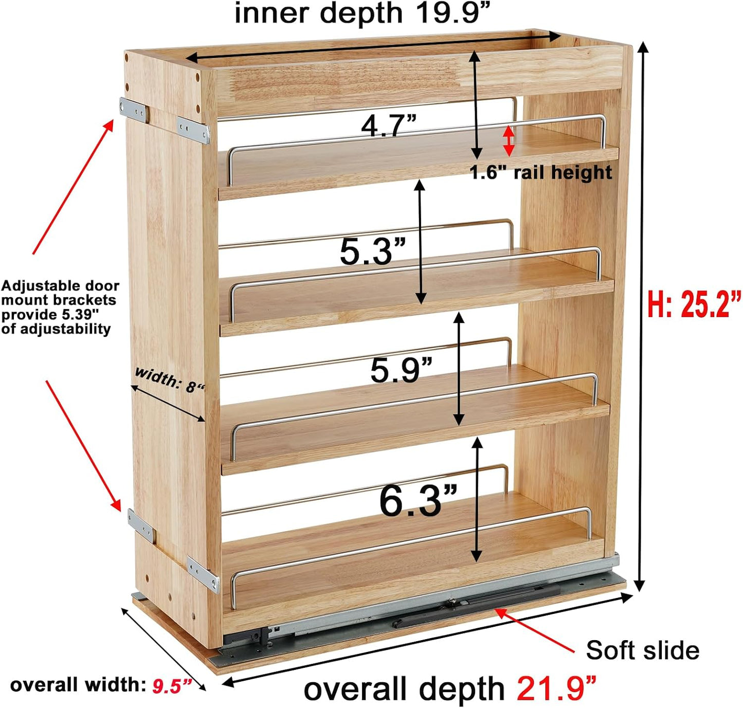 DINDON Pull Out Spice Rack Organizer for Cabinet, (5" W x 21.9" D x 25.2" H) Multi-Use Wood Pull Out Cabinet Organizer Slide Out Shelf Cabinet Storage for Kitchen, Pantry Organization