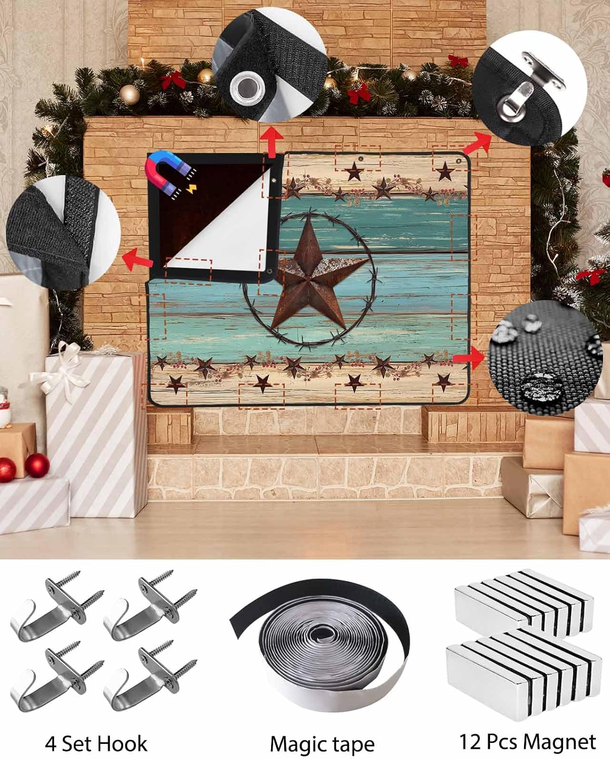 Magnetic Fireplace Cover Texas Star Teal Blue Fireplace Screen Decorative Farm Wood Grain Insulation Fireplaces Blocker Blanket Save Energy Fireplaces Draft Stopper Covers for Living Room 39x32 Inch