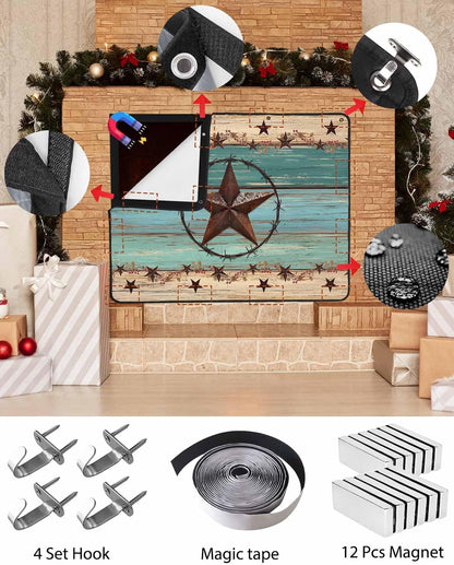 Magnetic Fireplace Cover Texas Star Teal Blue Fireplace Screen Decorative Farm Wood Grain Insulation Fireplaces Blocker Blanket Save Energy Fireplaces Draft Stopper Covers for Living Room 39x32 Inch