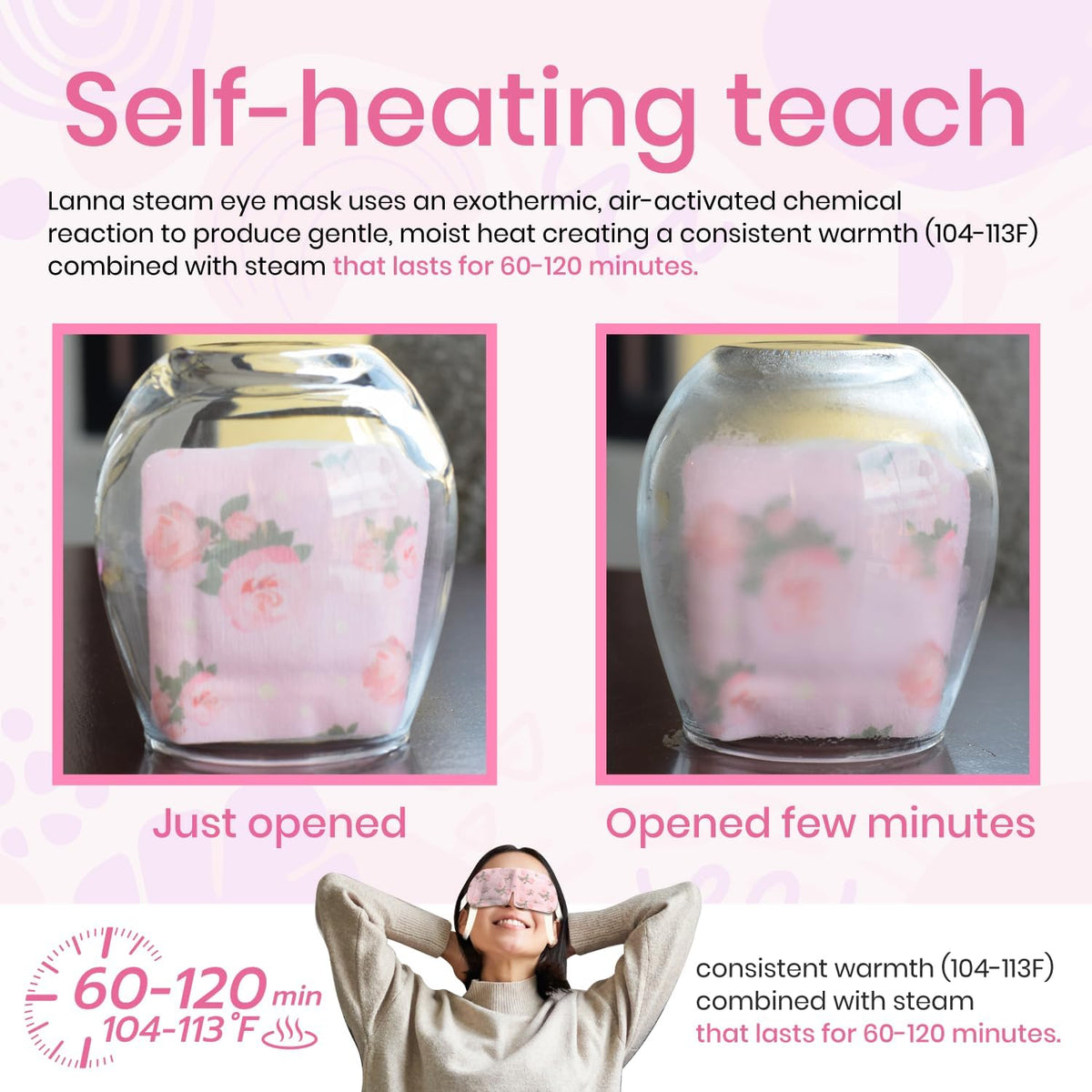 LANNA Heated Steam Eye Mask, Disposable 120 Minutes, Lavender Scent, 5 Pcs