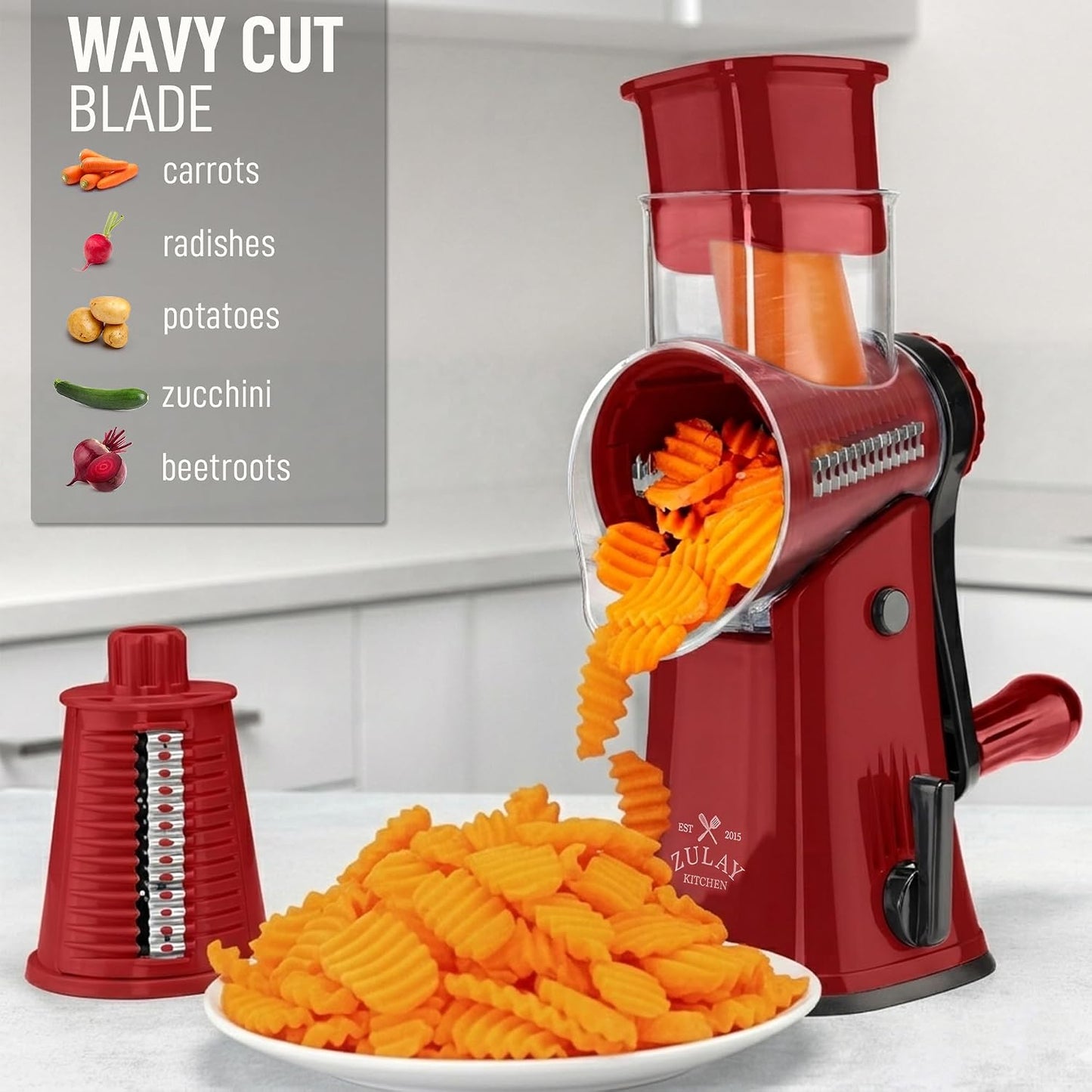 Zulay Kitchen Rotary Cheese Grater 5 Blade Cheese Shredder - Manual Hand Crank Cheese Grater With Reinforced Suction & 5 Interchangeable Drums - Easy to Use, Vegetable Chopper Round Mandoline Slicer - Colors A