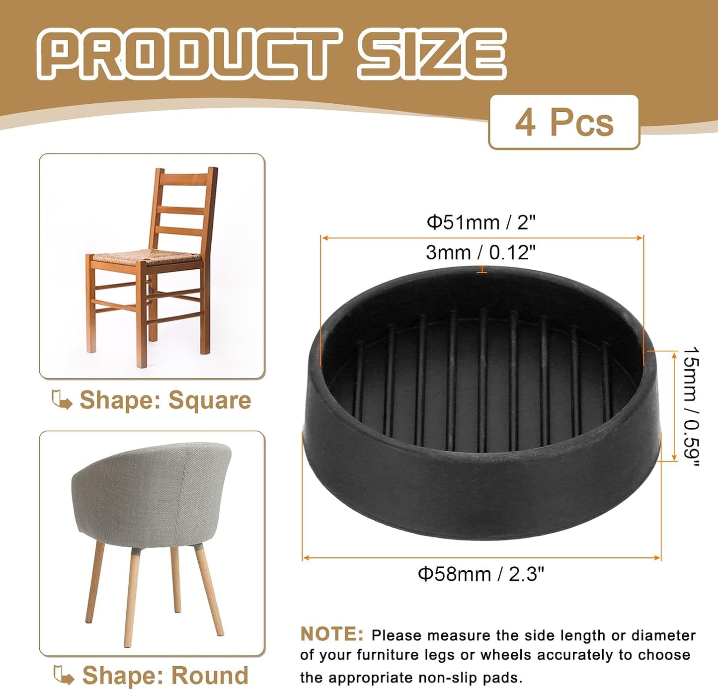 PATIKIL 4 Inch Rubber Furniture Pads, 4 Pack Non-Slip Furniture Coasters Round Anti Skid Caster Cups Furniture Feet Cup Floor Protectors for Bed Couch Stoppers, Brown