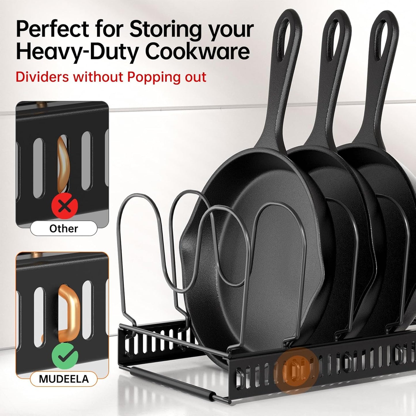 MUDEELA Expandable Pot Pan Lid Organizers inside Cabinet, 10 Divider-Black | Expandable 11.8–22.9", 10 Adjustable Divider, Tool-Free Assembly, Non-Slip, Scratch-Proof, For Pan Lid Cutting Board Bakeware