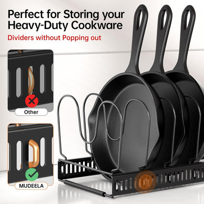 MUDEELA Expandable Pot Pan Lid Organizers inside Cabinet, 10 Divider-Black | Expandable 11.8–22.9", 10 Adjustable Divider, Tool-Free Assembly, Non-Slip, Scratch-Proof, For Pan Lid Cutting Board Bakeware
