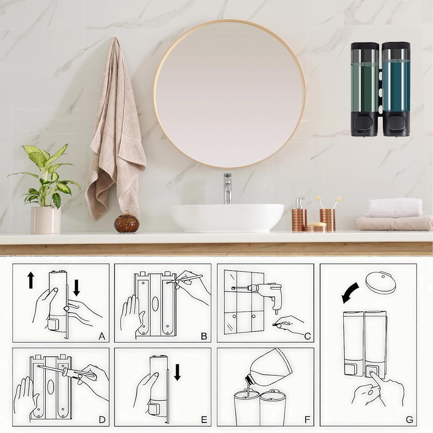 10oz/300ml Single Manual Wall Mounted Soap Dispenser, Black | Bathroom Shampoo and Conditioner Dispenser, Clear Plastic Refillable Liquid Lotion Pump Dispenser and Organizer