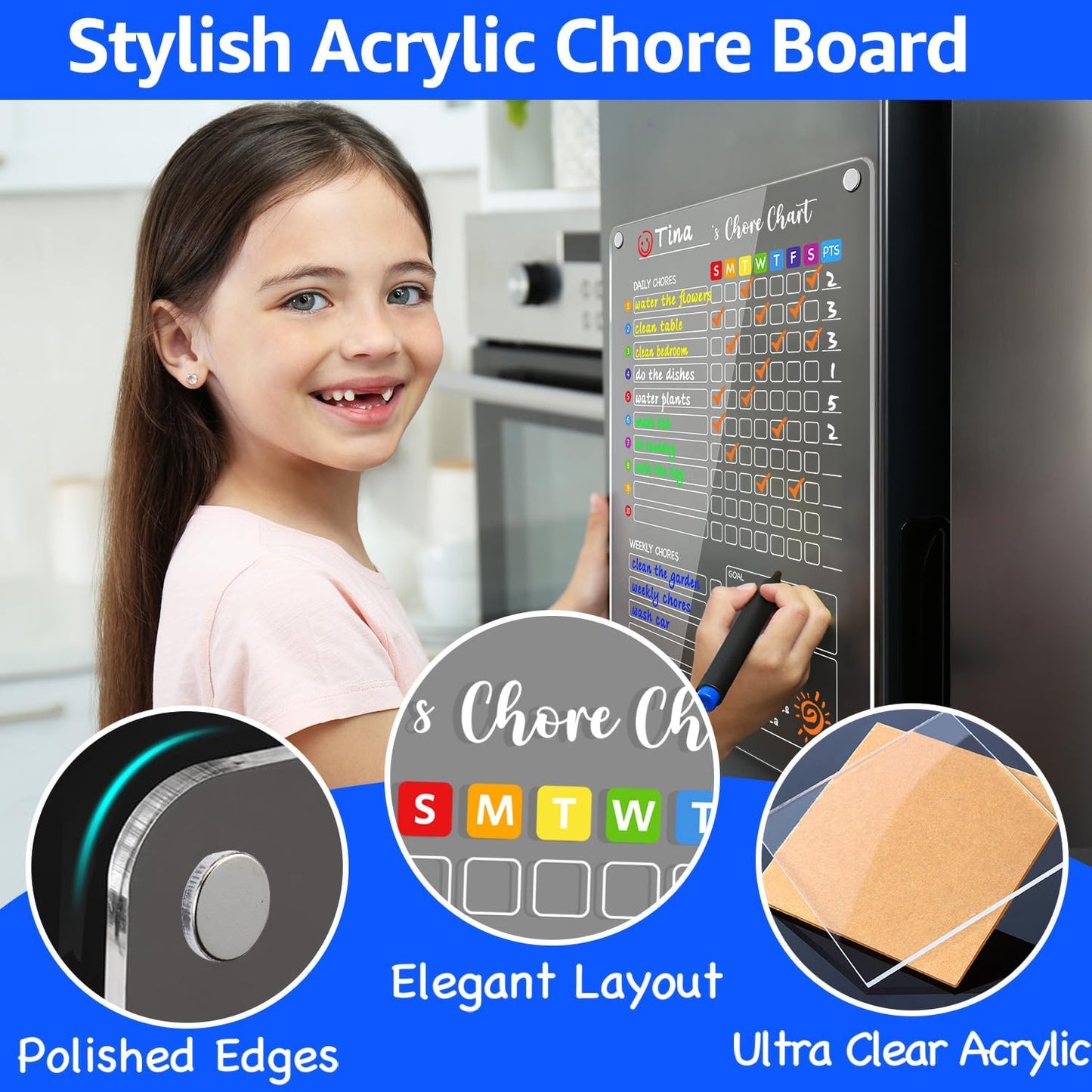 PigPotParty 2-in-1 Acrylic Magnetic Chore Chart for 2 Kids, Large 16x12 in | Clear Dry Erase Fridge Chore Board for Teens, Roommates; Vibrant Layout; Embedded Magnets; 12 Wet-Erase Markers and Towel