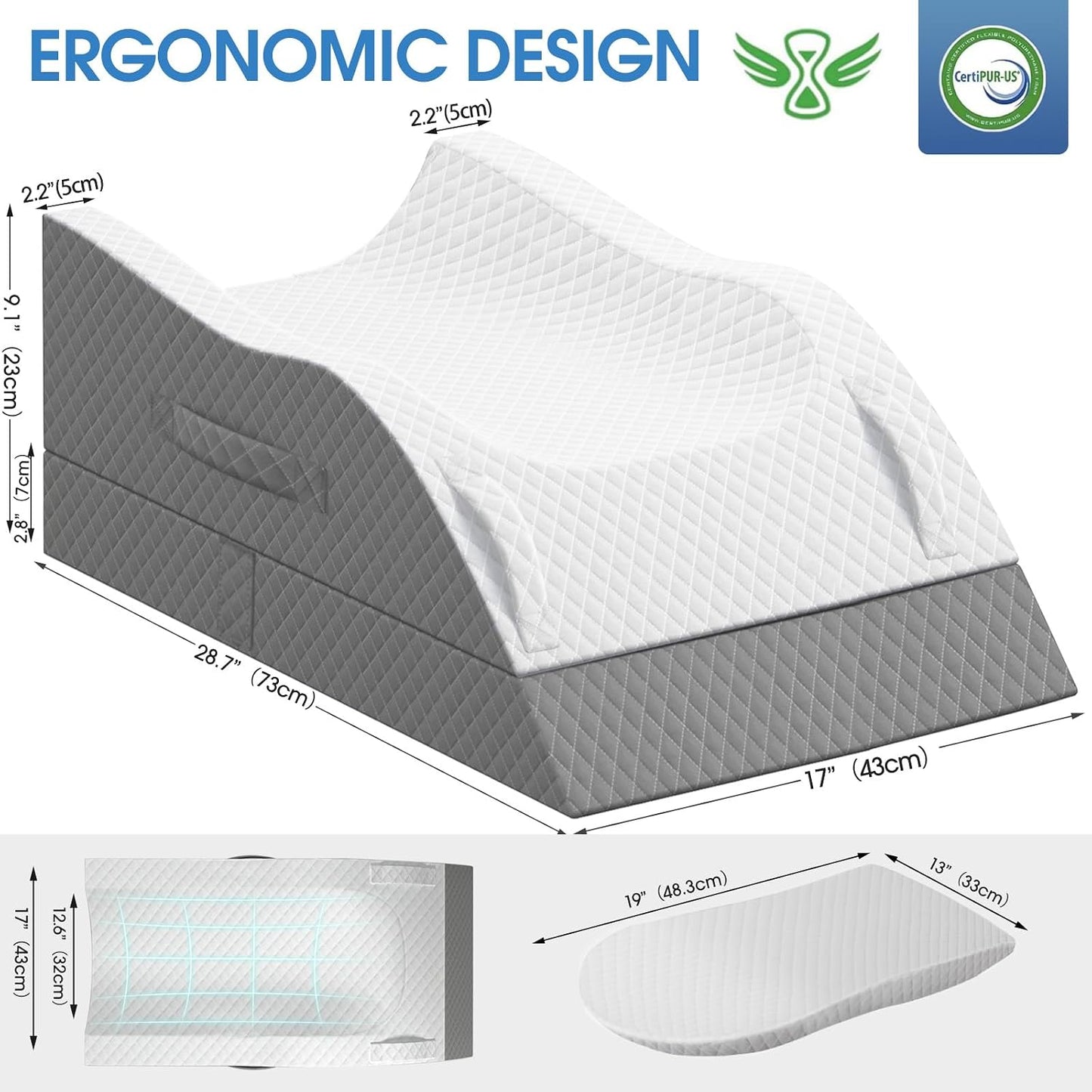 TranquilRelax Leg Elevation Pillows for After Surgery, Wedge Pillow, Grey | Memory Foam, All-around Knee & Ankle Support for Swelling, Height-adjustable, Nop-Slip Bottom, Washable Cover, Single-leg