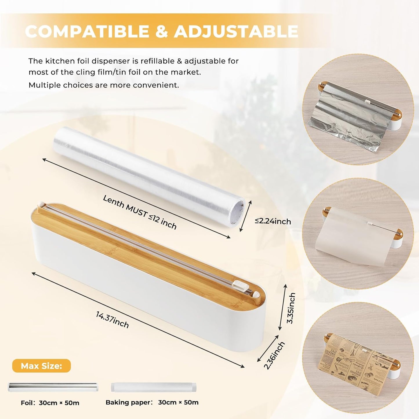 Aluminum Foil & Plastic Wrap Dispenser with Slide Cutter - Magnetic & No-Drill Wall Mount, Cling Film Dispenser for Worktops & Cabinets, Space-Saving Kitchen Organizer - Fits 12" Rolls, White