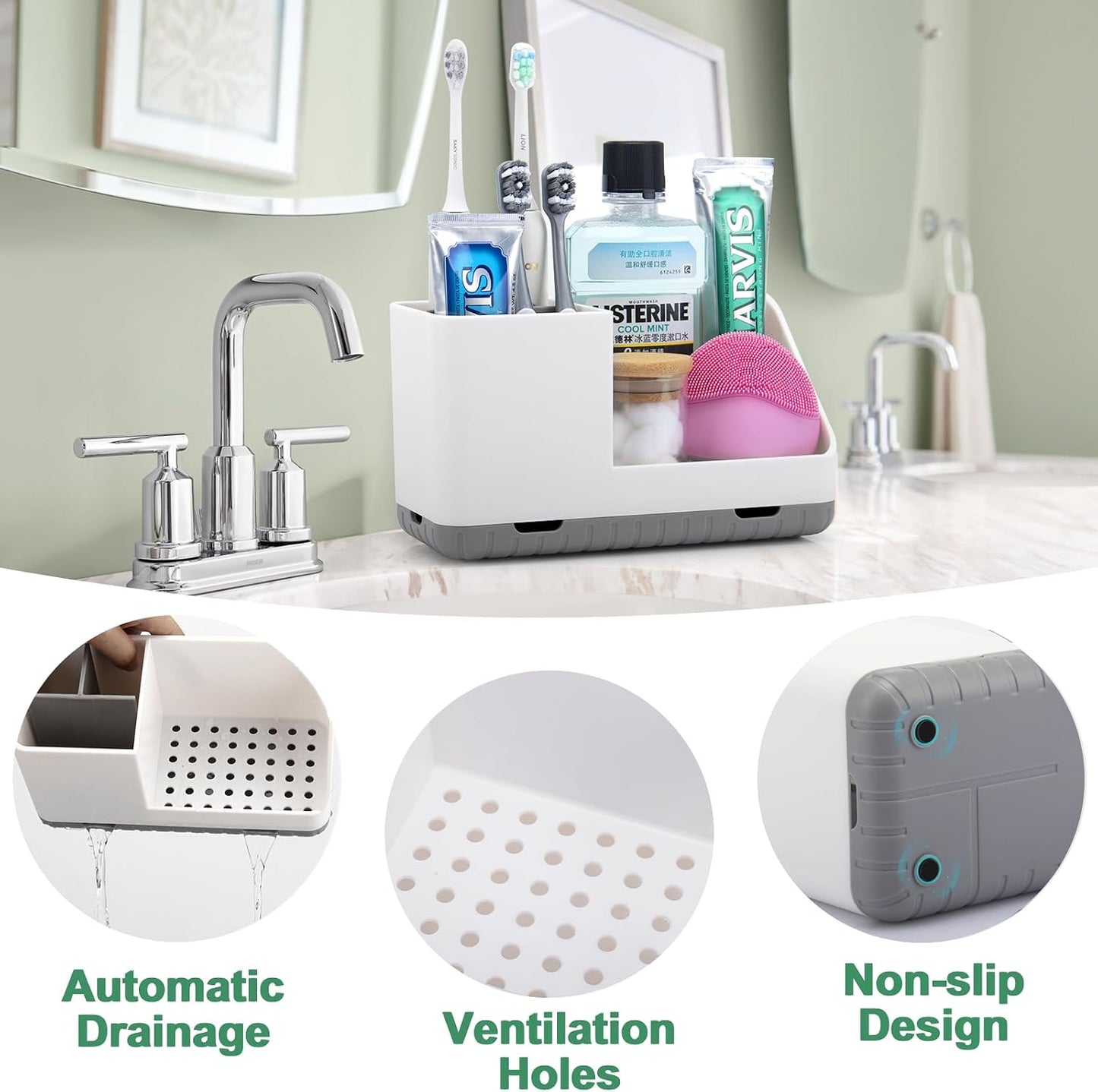 Toothbrush Holders for Bathroom Counter Organizer and Storage (White) | Easy To Clean, Drainage, Non-Slip, Detachable, Kids Electric Toothbrush and Toothpaste Holder for Bathroom