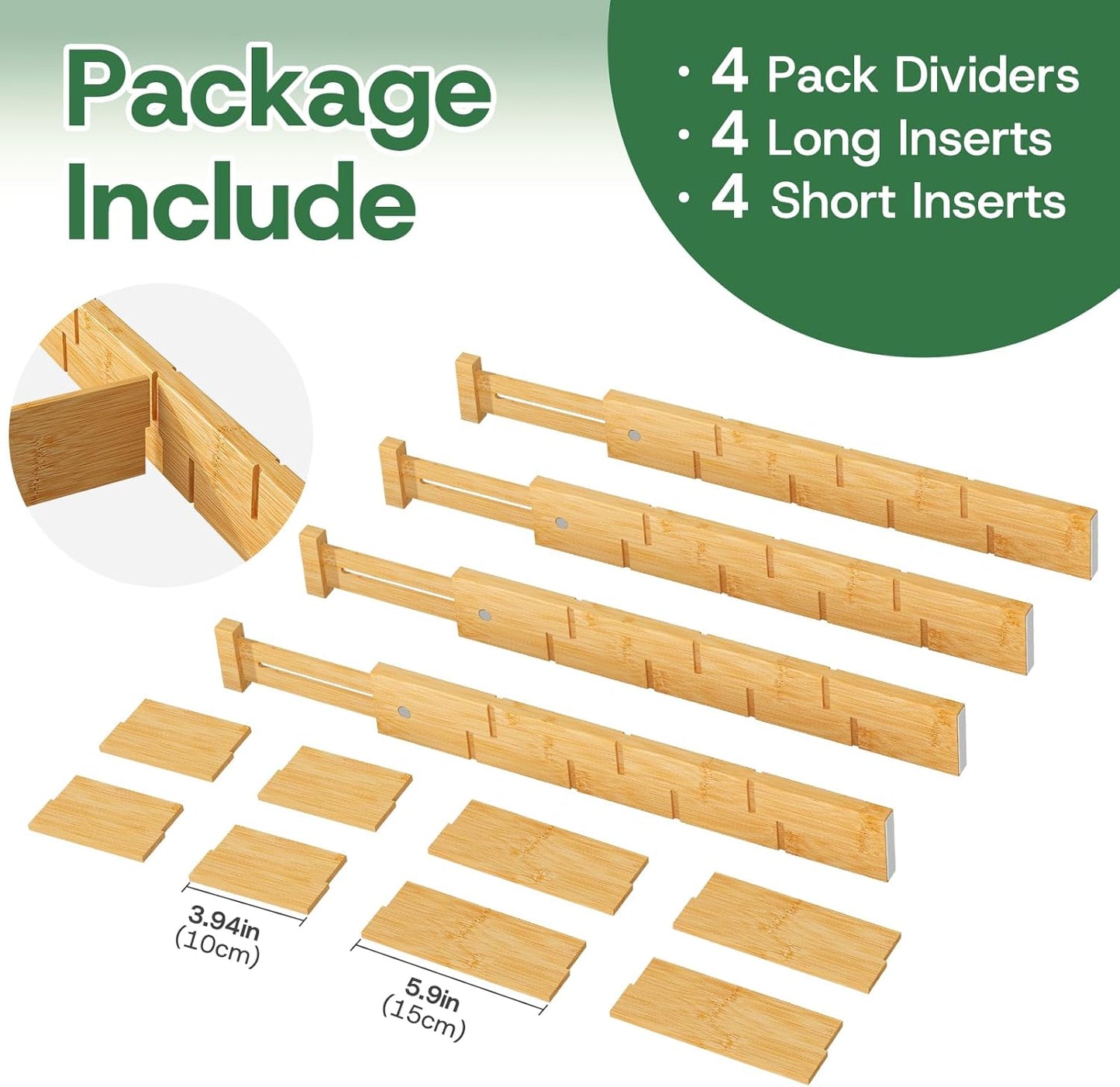 kiplant Kitchen Drawer Dividers - Adjustable Drawer Organizer for Clothes, Kitchen, Closet & Office - 8 Pack with Inserts, 18-22.6 Inches, Non-Slip Silicone Ends