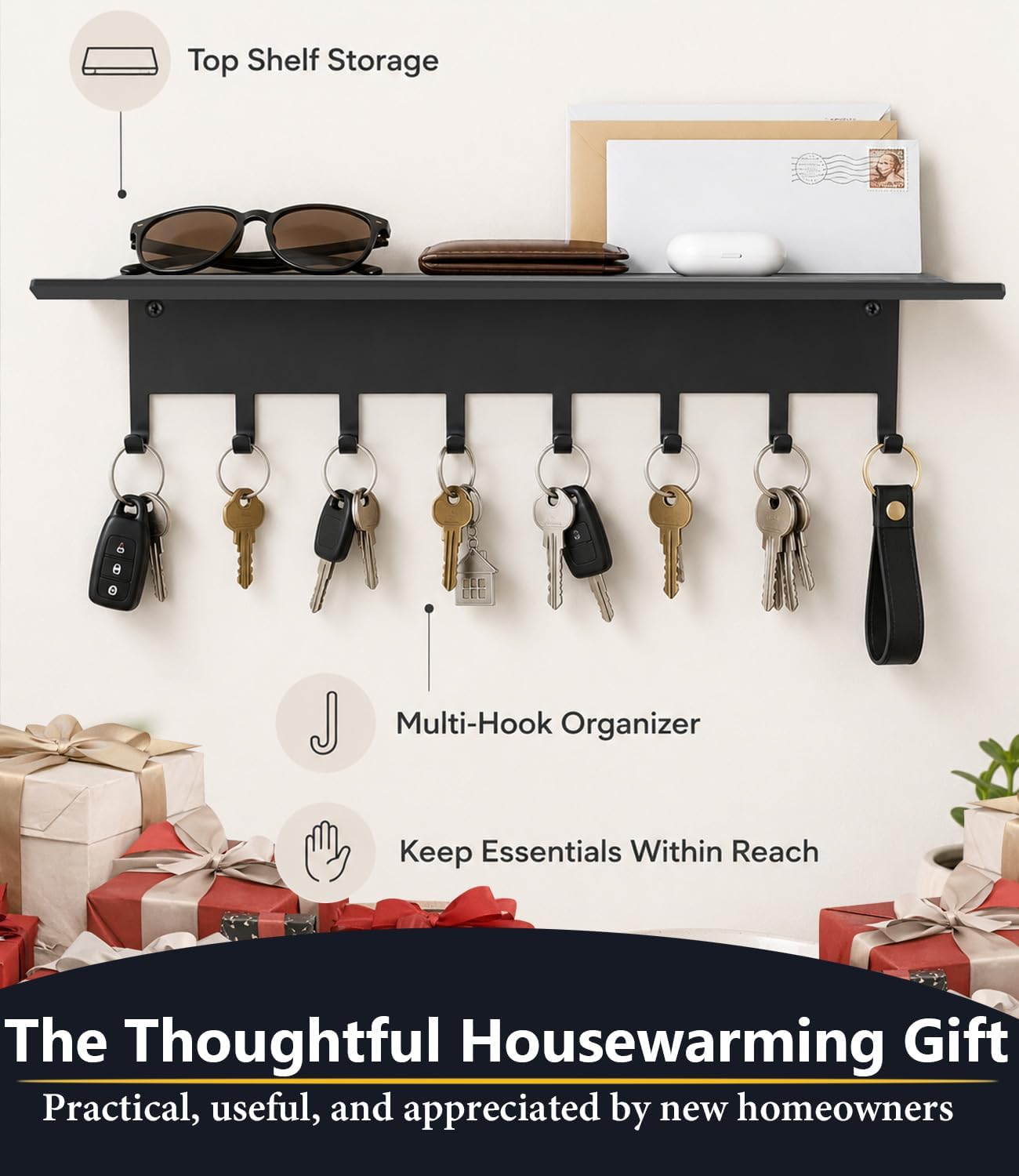 Key Holder Hooks Organizer Shelf Hanger Rack Wall Mounted Sweet Home Metal Decor Stylish and Practical for Entryway Front Door Kitchen Hallway Garage Mudroom Office Hardware Included Black