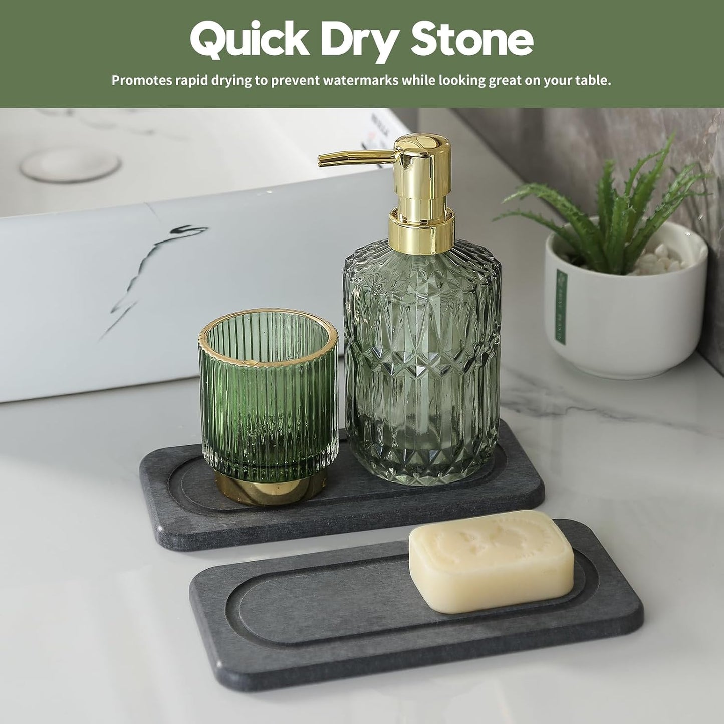 3 Pack Water Absorbent Diatomite Coasters, Stone Drying Mat for Kitchen Counter, Bathroom Sink Organizer Tray, Compact Vanity Rack, Soap Holder Caddy, Faucet Splash Guard, White 8"x3.8"