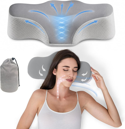Bespilow Travel Size Cervical Neck Pillow for Sleeping,Ergonomic Support | Small Comfortable Contour Memory Foam Pillows for Neck Pain Relief, Compact Camping Pillow for RV, Road Trip, Cooling Cover