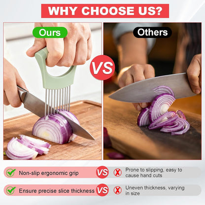 uxcell Onion Slicer Holder, Stainless Steel Vegetable Cutting Holder Food Cutter Tool for Slicing Storing Onions Tomatoes Potatoes Avocados Apples, Green