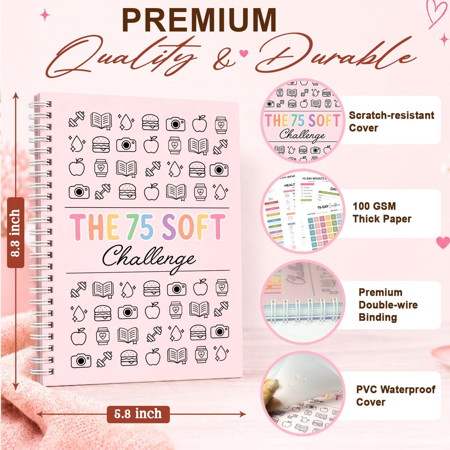 75 Soft Challenge Journal for Women | Daily Habit Tracker A5 Spiral 75-Day Habit Tracker Planner, 106-Page Full-Color Daily Logs, Weekly Reviews, Meal Water Workout Reading Tracker