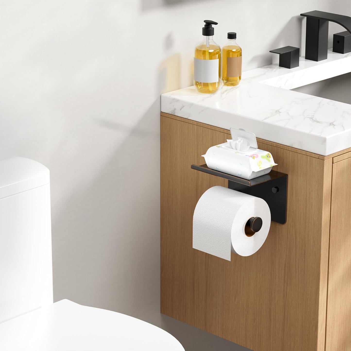 FORIOUS Toilet Paper Holder with Shelf, Adhesive or Screw, Commercial | Brushed Nickel | Wall Mount Bathroom Tissue Holder | SUS304 Stainless Steel Rustproof | Bathroom Tissue Roll Holder