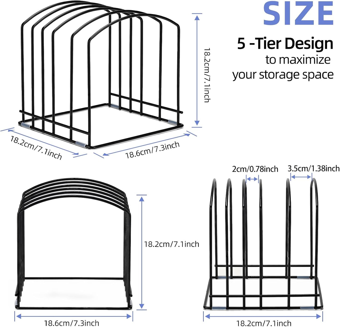 Cutting Board Organizer, Matte Black | Heavy Duty Rack, 2 Extra Wide (1.38") & 3 Narrow (0.78") Slots