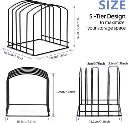 Cutting Board Organizer, Matte Black | Heavy Duty Rack, 2 Extra Wide (1.38") & 3 Narrow (0.78") Slots