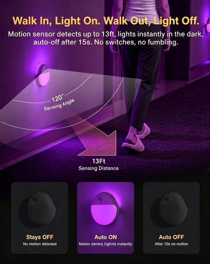 Small Motion Sensor Amber Night Light Battery Operated, Toilet Light | 2 Pack, 3 Modes, Dimmable 1-15lm, Dim Light Soft Glow, No Plug, Wireless Stick on Light for Bedroom, Sleep, Bathroom, Kids