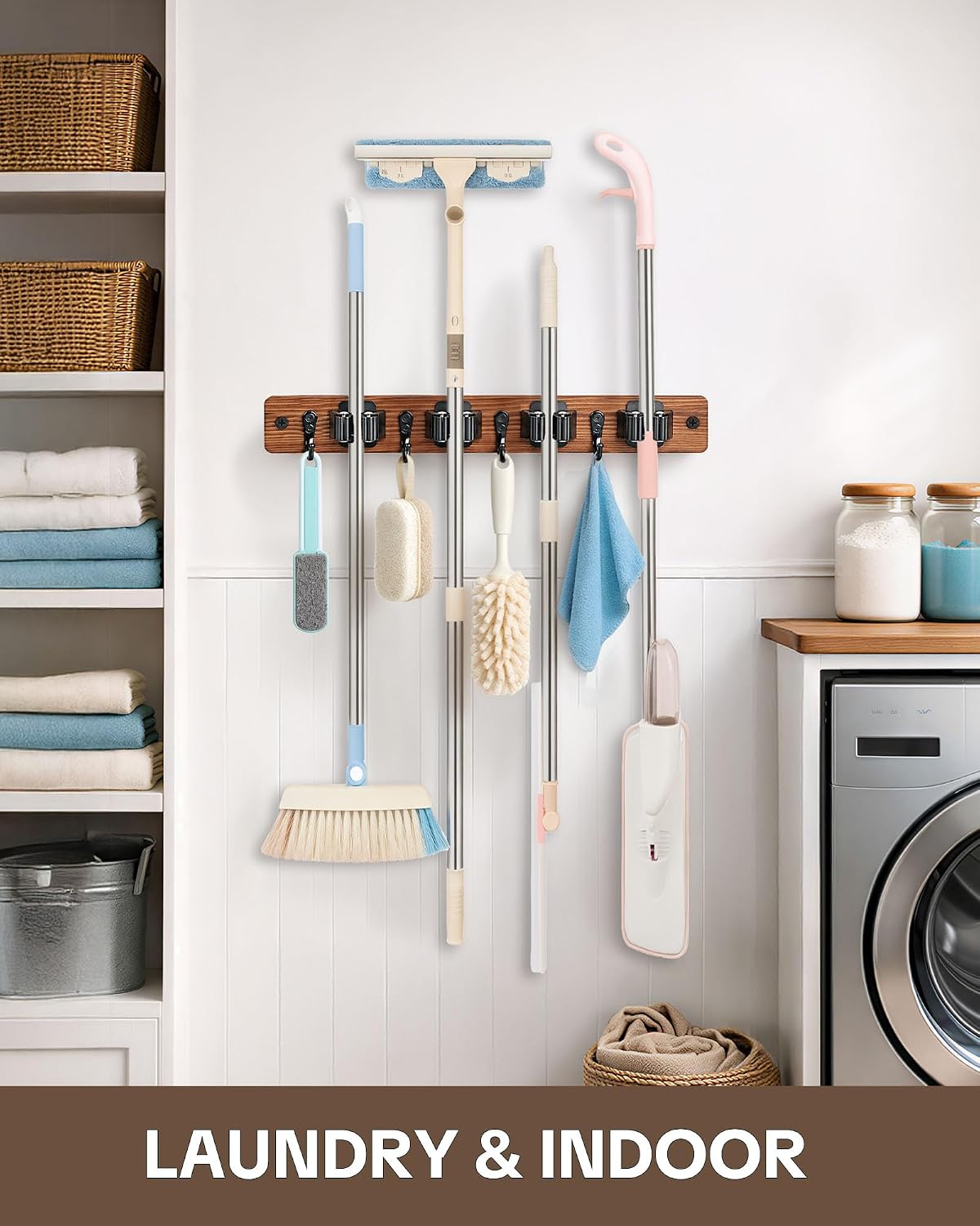 Lorbro 2 Pack Broom Holder Wall Mount, Wooden Rack with 4 Slot & 4 Hook | Broom and Mop Organizer Wall Hanging, Tool Organizer for Laundry Room, Closet, Garage, Kitchen