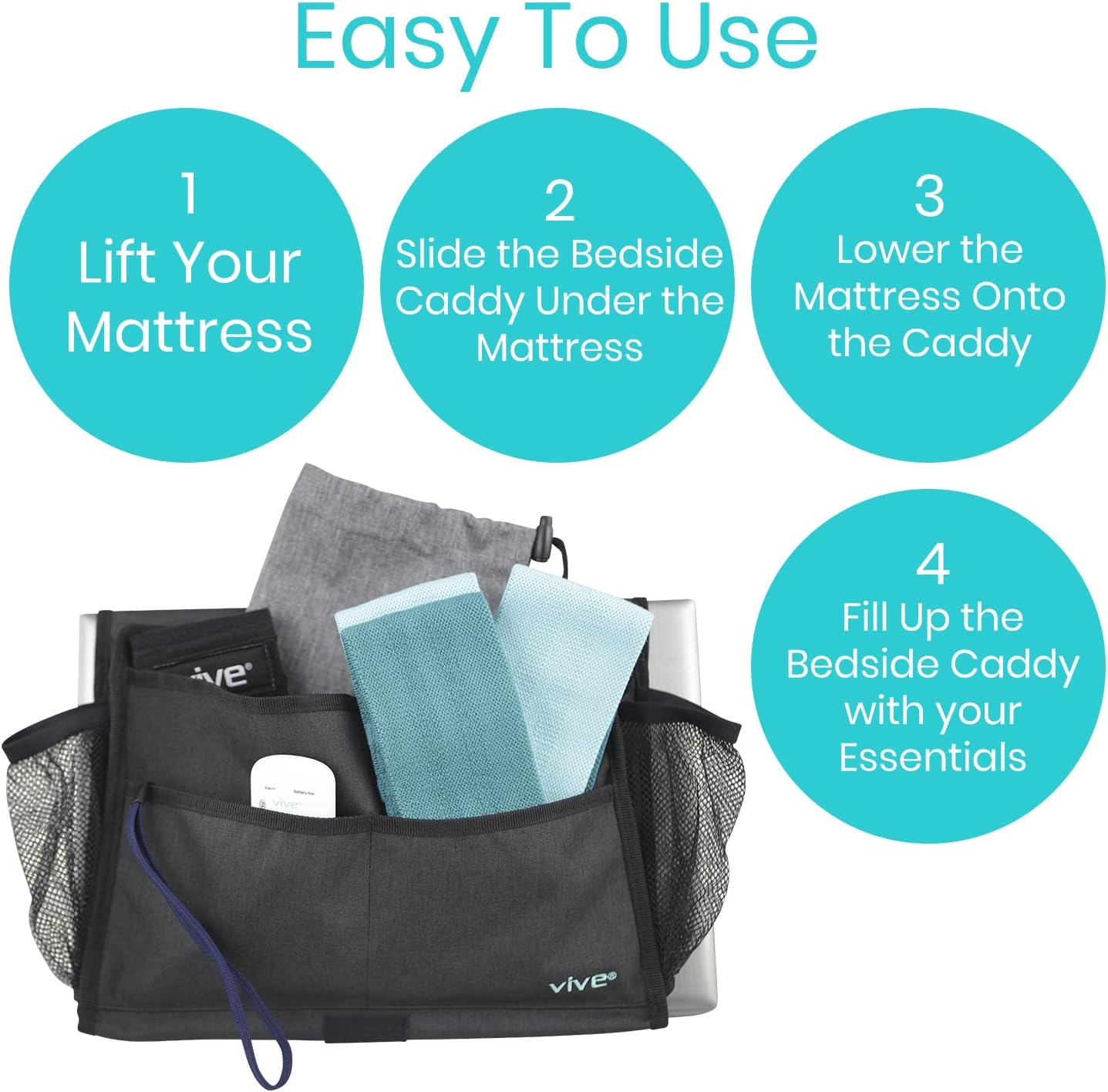 Vive Bedside Caddy - Bed Hanging Organizer - Storage Bag Shelf for College Dorm, Bedroom, Couch, Bunk - 8 Large Pockets with Charger Slots for Men and Women - Slides Under Mattress - Handle for Travel | Dorm, Bedroom, Couch, Bunk - 8 Large Pockets with