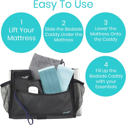 Vive Bedside Caddy - Bed Hanging Organizer - Storage Bag Shelf for College Dorm, Bedroom, Couch, Bunk - 8 Large Pockets with Charger Slots for Men and Women - Slides Under Mattress - Handle for Travel | Dorm, Bedroom, Couch, Bunk - 8 Large Pockets with