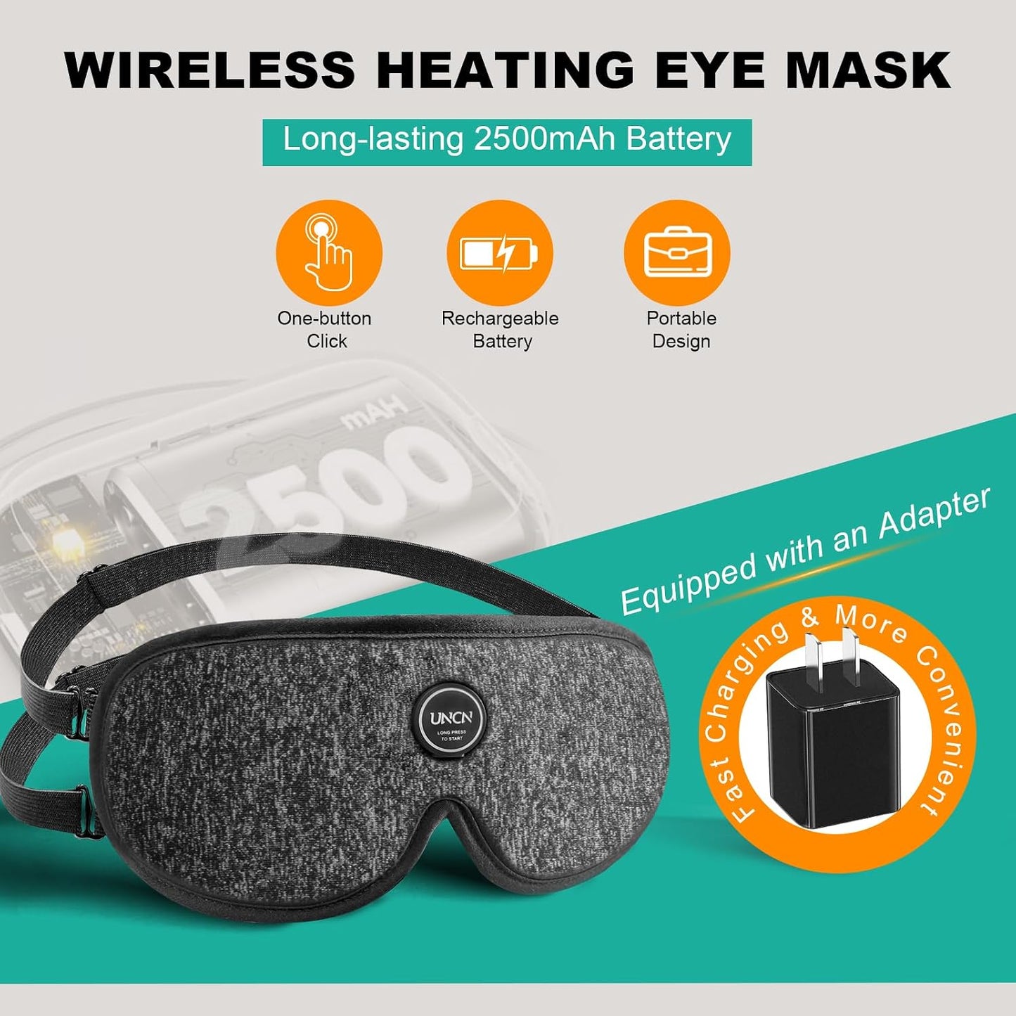 UNCN Heated Eye Mask for Dry Eyes Cordless Rechargeable 4 Temp Settings | 2500mAh cordless 4 temp settings 85-155°F 4 auto timers 20-50min off block light adjustable washable cotton cover