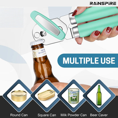 Rainspire Can Opener Manual Handheld Strong Manual Can Opener Smooth Edge Cut, Can Opener Heavy Duty, Comfortable Soft Handle, Built-in Bottle Opener, Turquoise
