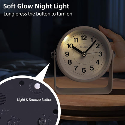 Analog Alarm Clock, Silent Non-Ticking Quartz Movement, Battery-Operated with Snooze & On-Demand Light, Easy to Set Gentle Wake Bedside Desk Clock, Ideal for Home, Travel, Office (Gray)