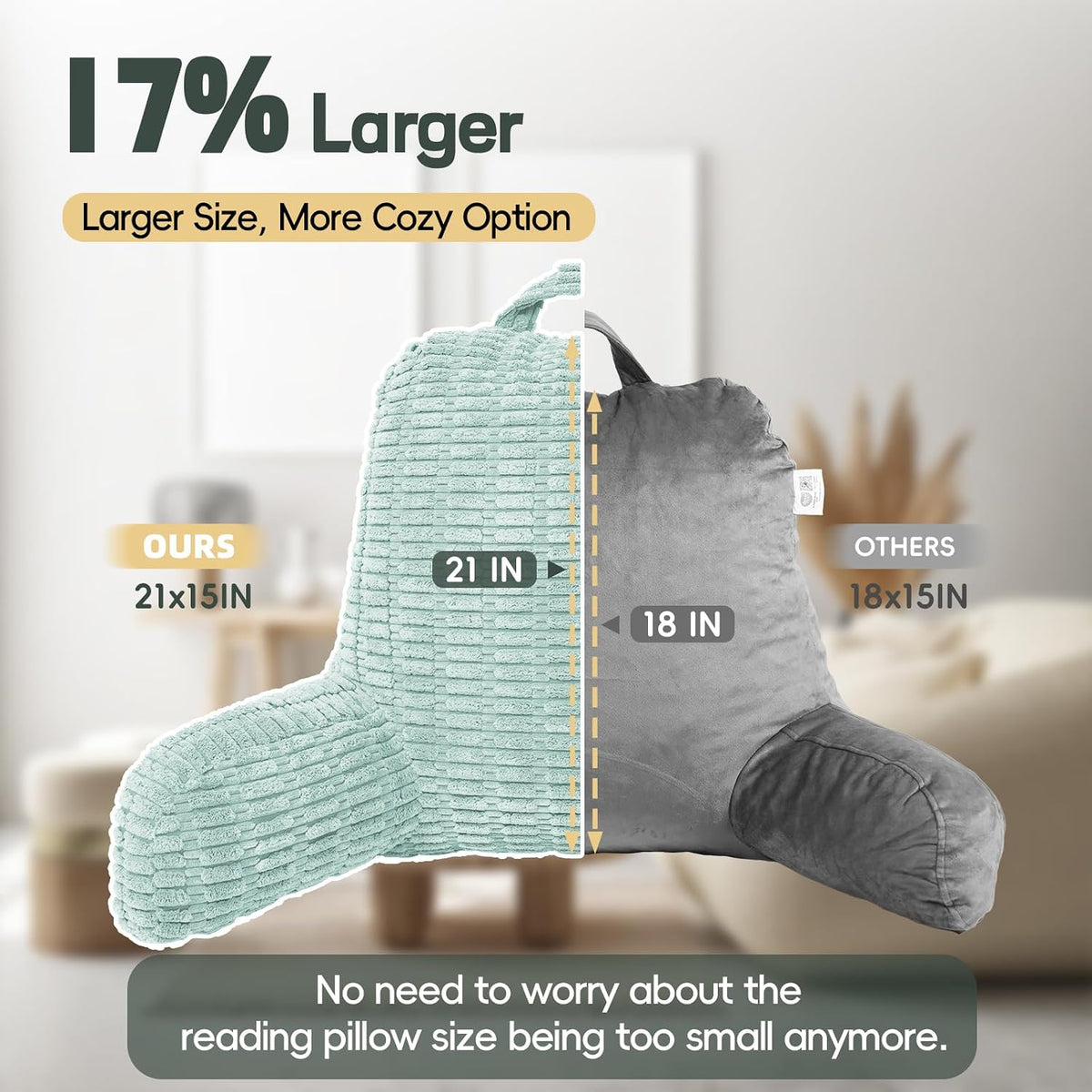 21" Higher Large Reading Pillow for Bed Adult, Back Pillow for Bed Sitting Up with Memory Foam Back Support with Arms Rest for Couch Chair Gray