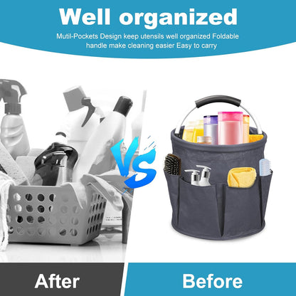 Qivine 17L Cleaning Caddy with Handle, Foldable Cleaning Supply Caddy(Blue) | Cleaning Caddy for Cleaning Supplies, Portable Cleaning Supplies Organizer with 6 Pockets, Cleaning Bucket for Kitchen Garden