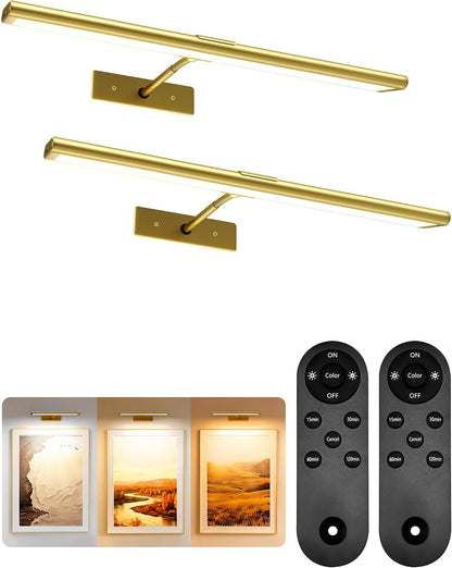 EZVALO Picture Light for Wall, 4800mAh Rechargeable Wireless Gold Light with IR Remote, Dimmable Magnetic LED Art Display Light with 3 Color Temperatures, for Gallery, Living Room, Bedroom(2Pack)
