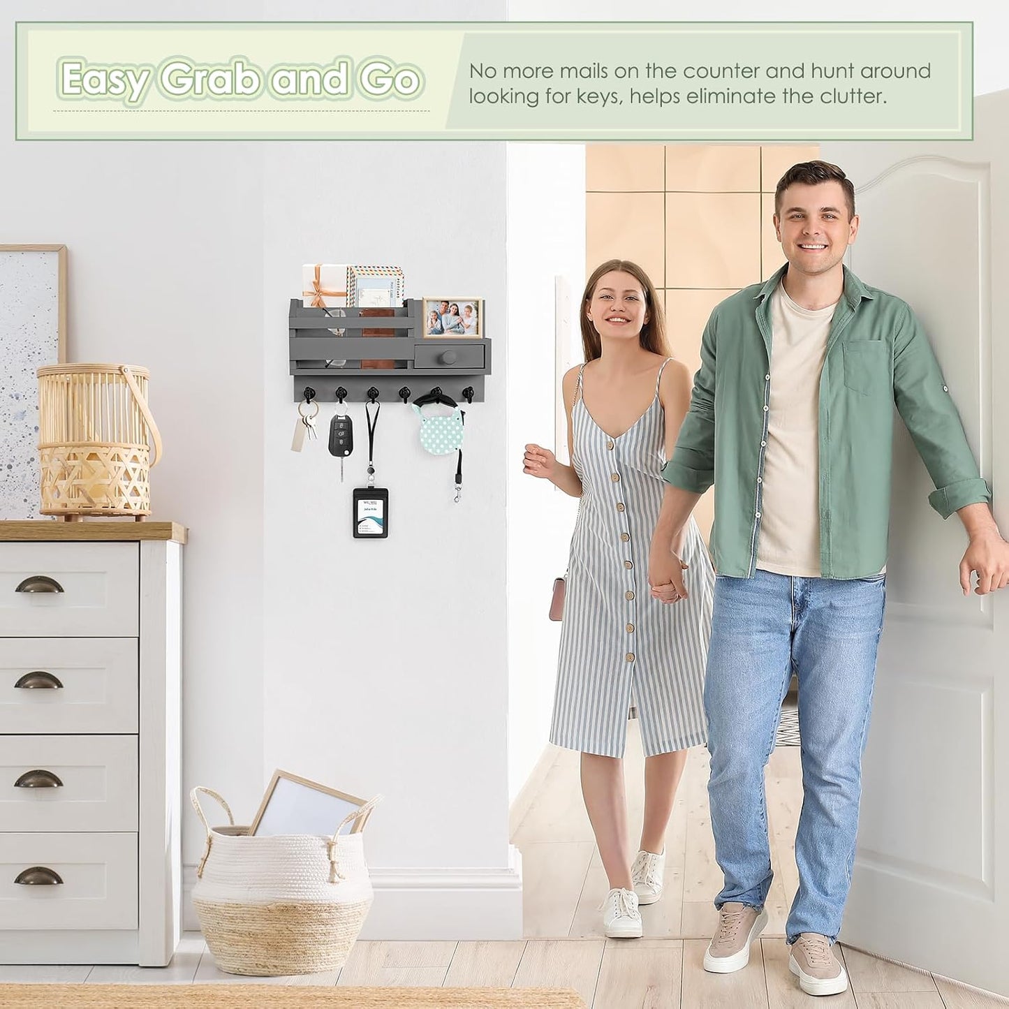 VIS'V Key Holder Wall Mount, Wooden Mail and Key Organizer, White | Contains Little Drawer, Small Shelf, 2 Slots, 6 Hooks, for Entryway, Hallway, Doorway, Kitchen, Garage, RV
